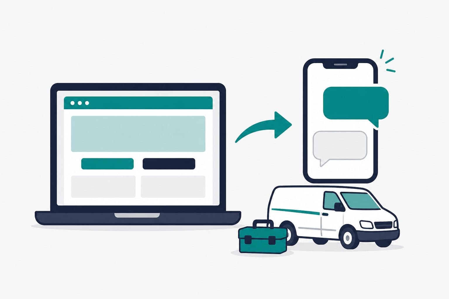 Zeichnung: Laptop mit Handwerker Website und Smartphone mit eingehender Anfrage